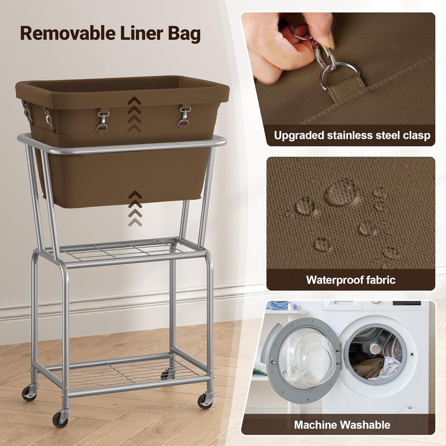 Rolling Laundry Cart with Wheels Removable Bag & Shelf Metal Frame Laundry