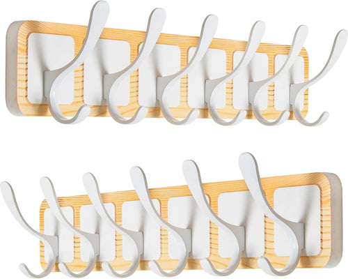 Scandi Wall Coat Rack Set | 2x 6 Hook Wooden Hanger Racks Natural & White