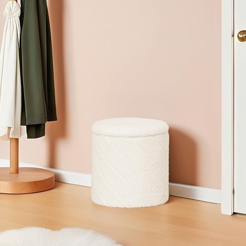White Round Storage Ottoman Footstool 3-in-1 Seat with Lid 33x33x35cm