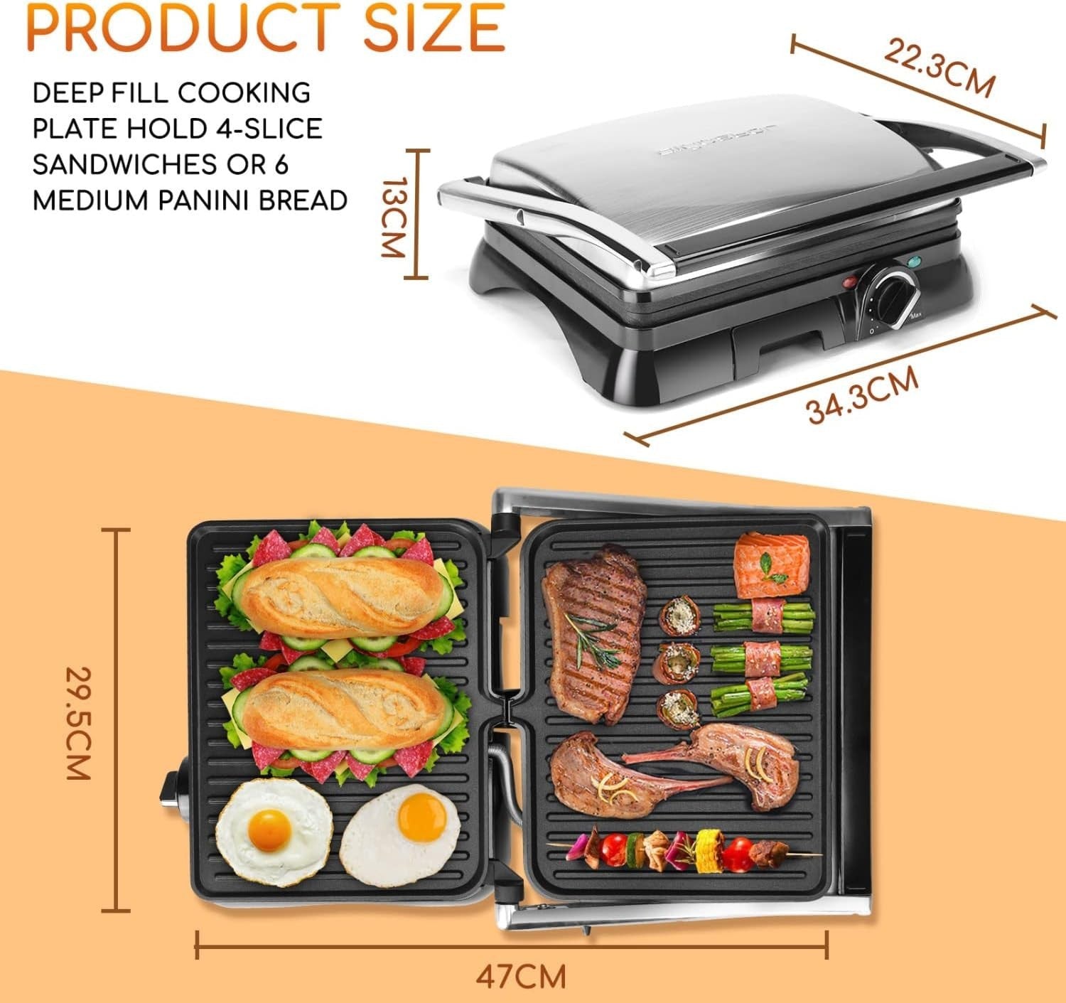 2000W Deep Fill Sandwich & Panini Press Toastie Maker Stainless Steel
