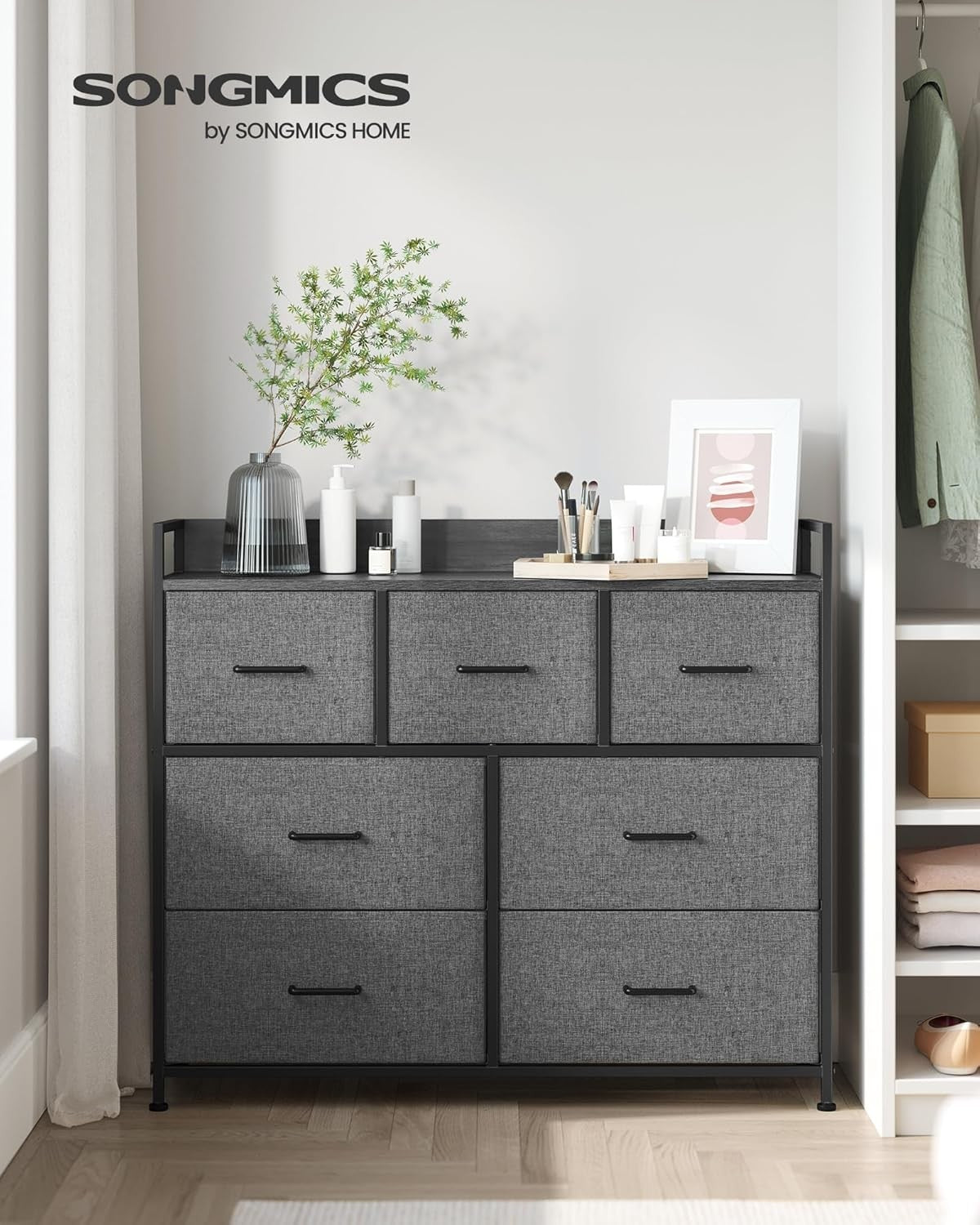 7 Drawer Chest Slate Grey Fabric Storage Cabinet Modern Bedroom Dresser