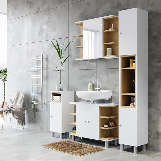 White Bathroom Sink Cabinet 79x64x32cm Oak Vanity Storage Unit with Shelves
