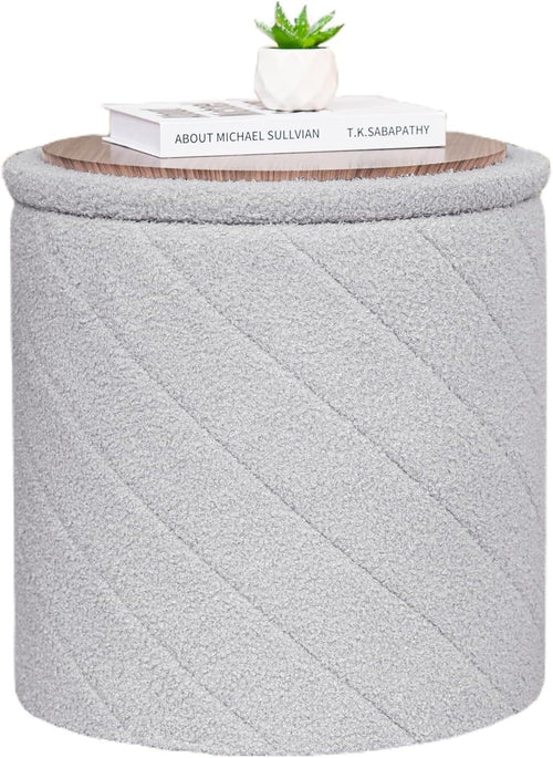 Grey Round Storage Ottoman Footstool 3-in-1 Seat with Lid 43x43x45cm