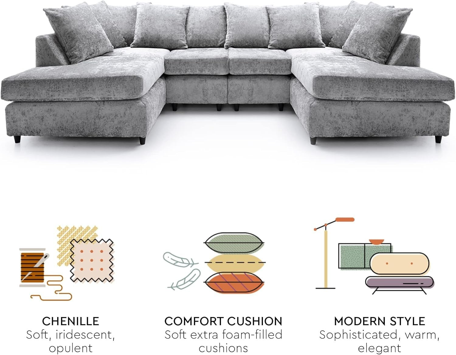 U-Shaped Sofa Light Grey Chenille w/ Cushions + Footstool | 280x164x90cm Modern