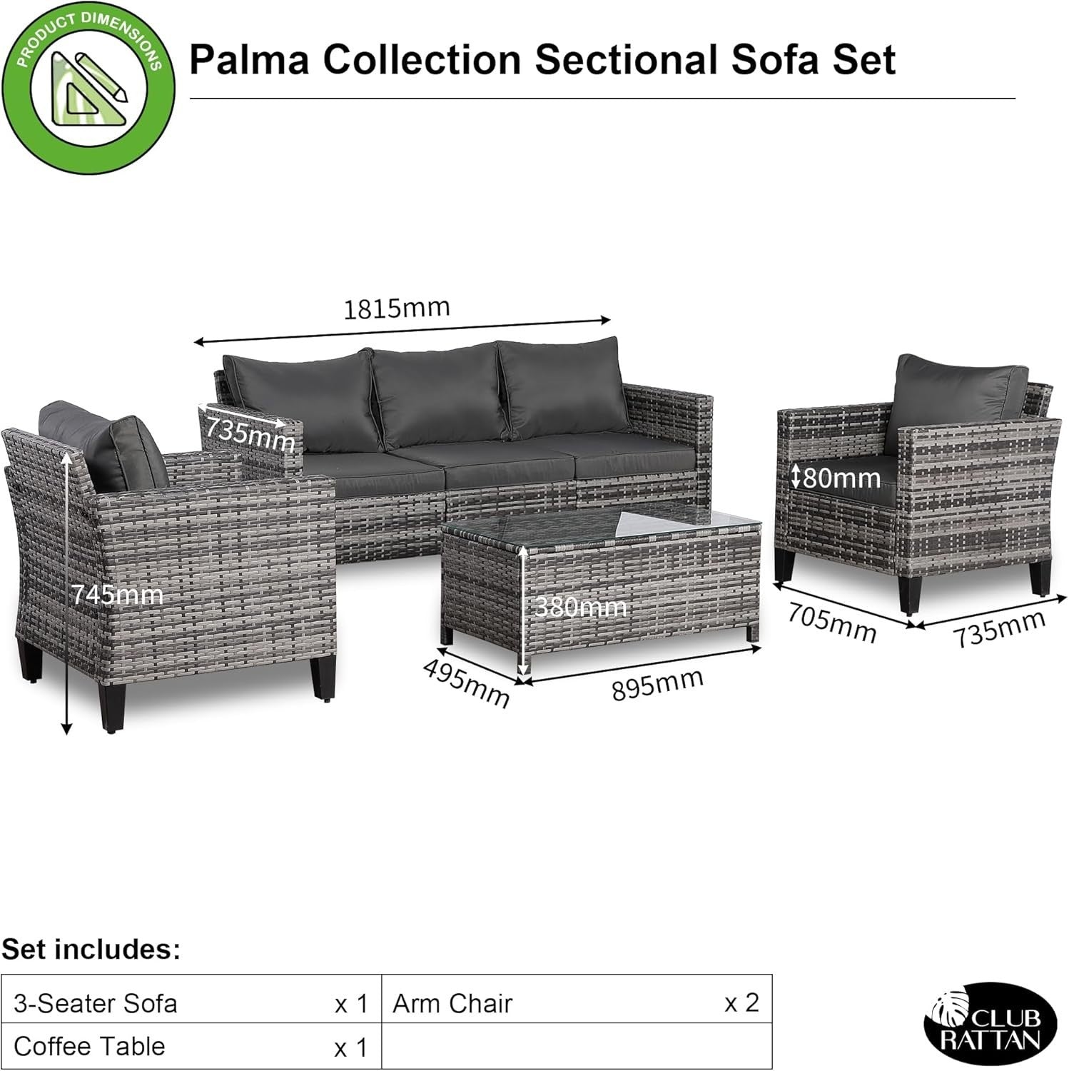 5 Seater Rattan Garden Sofa Set with Coffee Table All Weather Patio Furniture