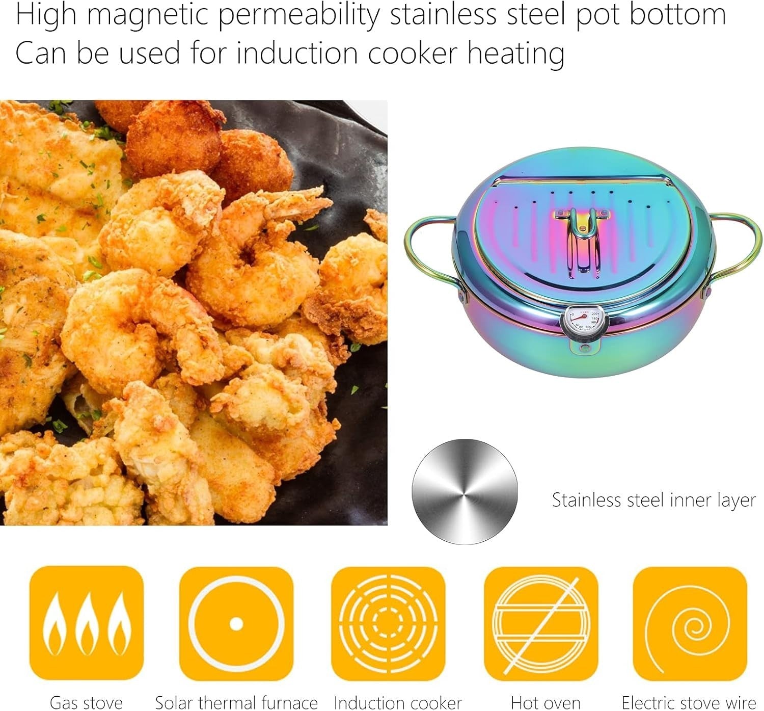 3.2L Stainless Steel Deep Fryer Pot w Thermometer Non Stick Blue