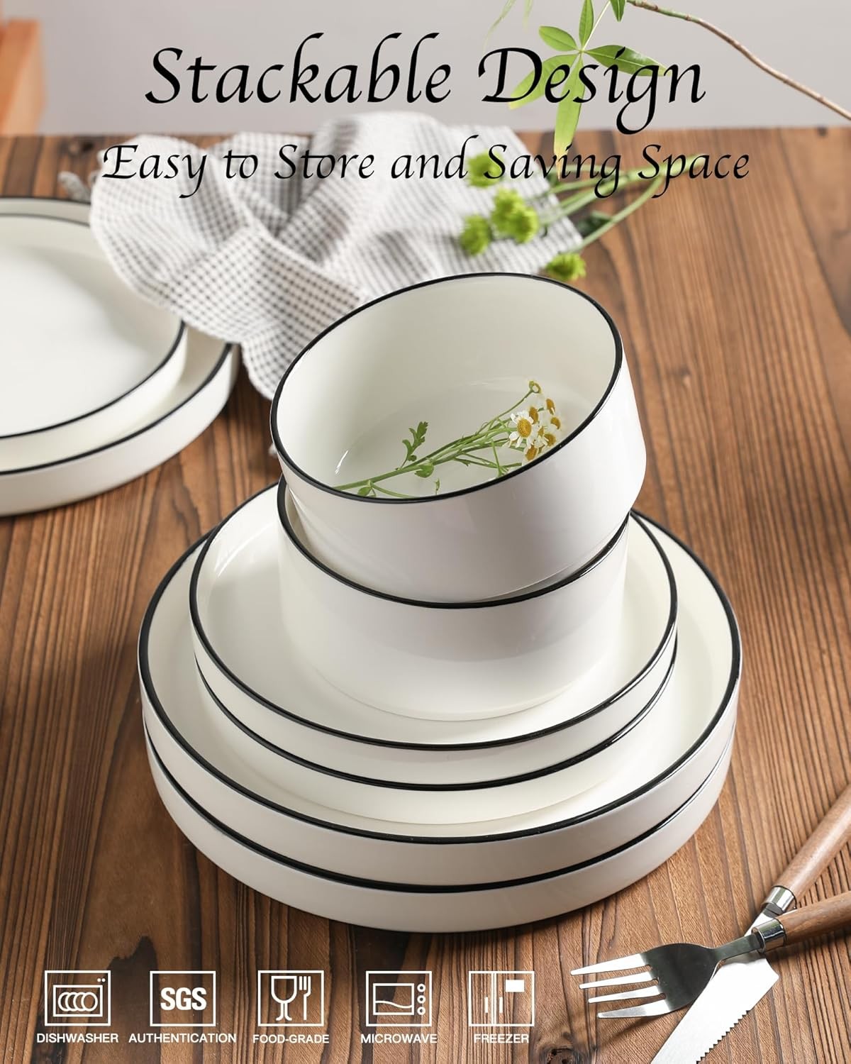 18pc Porcelain Dinnerware Set White Black Rim Plates Bowls Service for 6