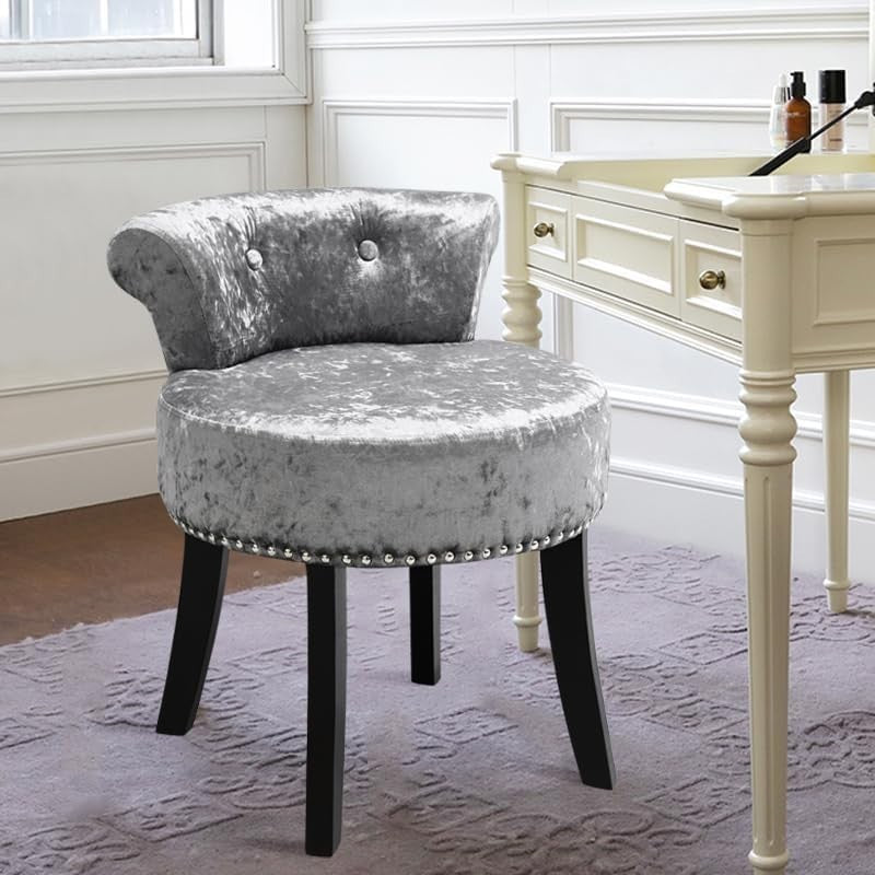 Silver Grey Velvet Vanity Stool with Tufted Back & Solid Wood Legs