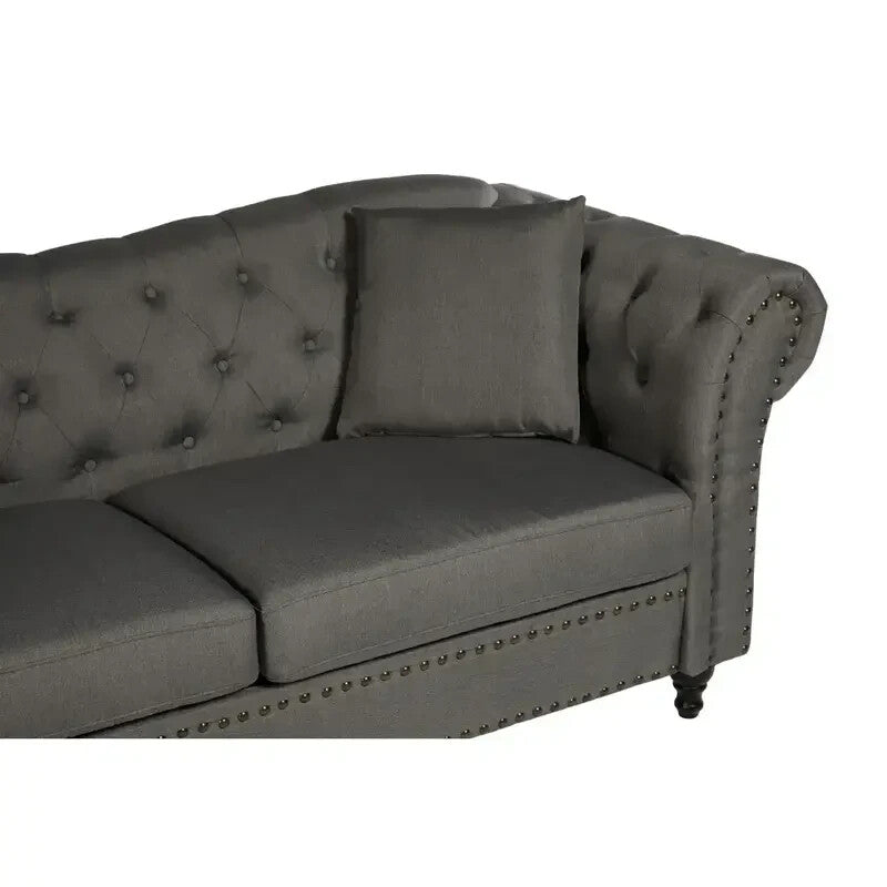 3 Seater Grey Chesterfield Sofa Deep Button Tufted Scroll Arm Fabric