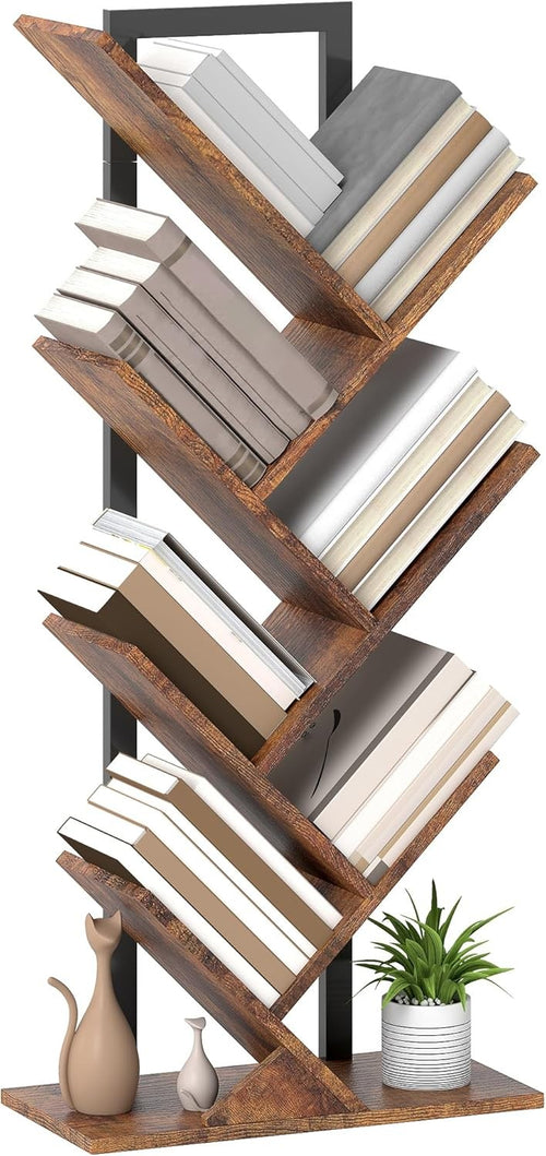 7-Tier Tree Bookshelf Rustic Brown Industrial Bookcase Vertical Space-Saving She