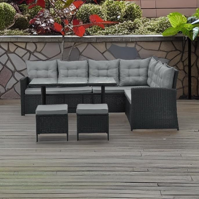 8 Seat PE Rattan Garden Sofa Dining Set with Cushions & Glass Table Patio
