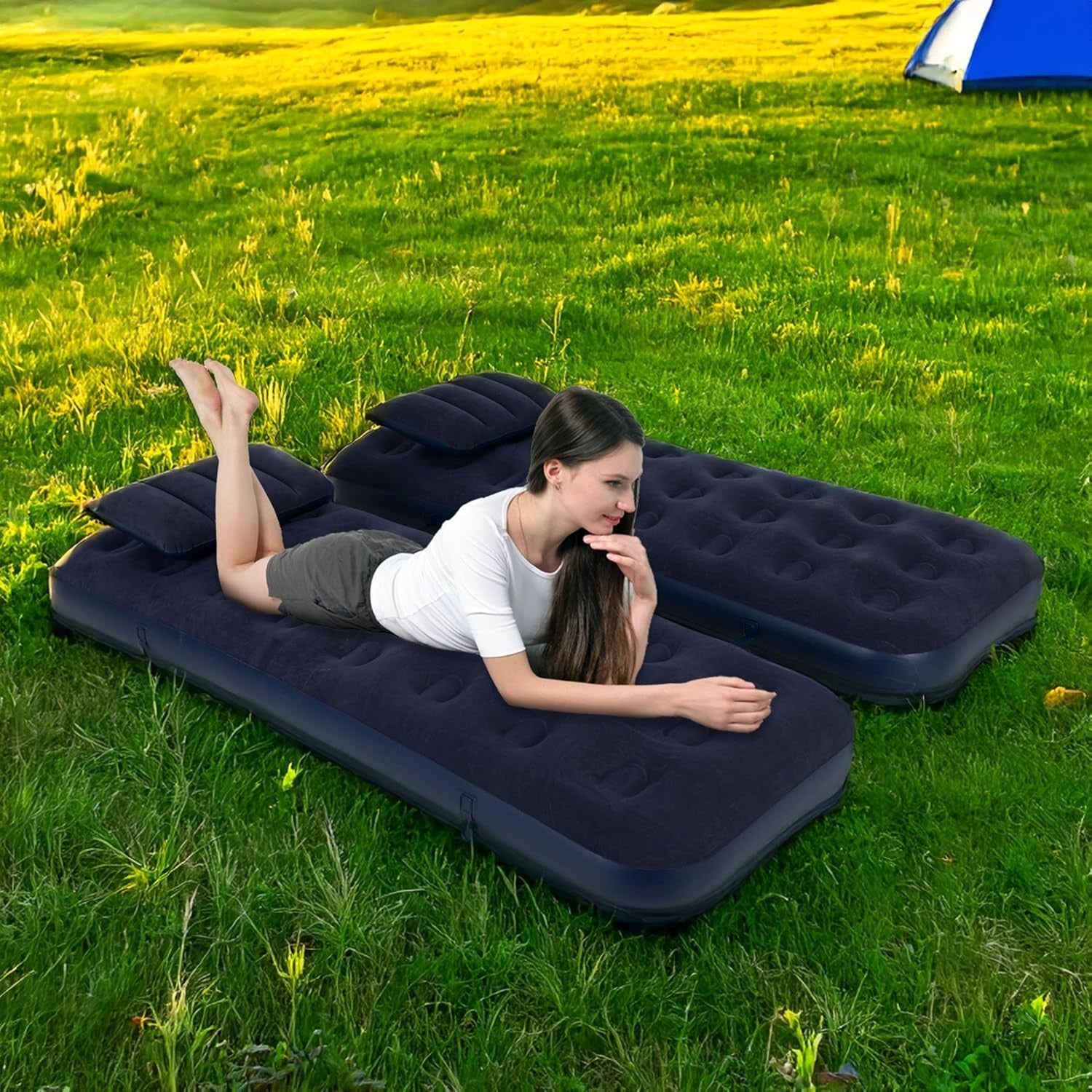 3 in 1 Inflatable Air Bed Double or Single Guest Camping Mattress w Pillows