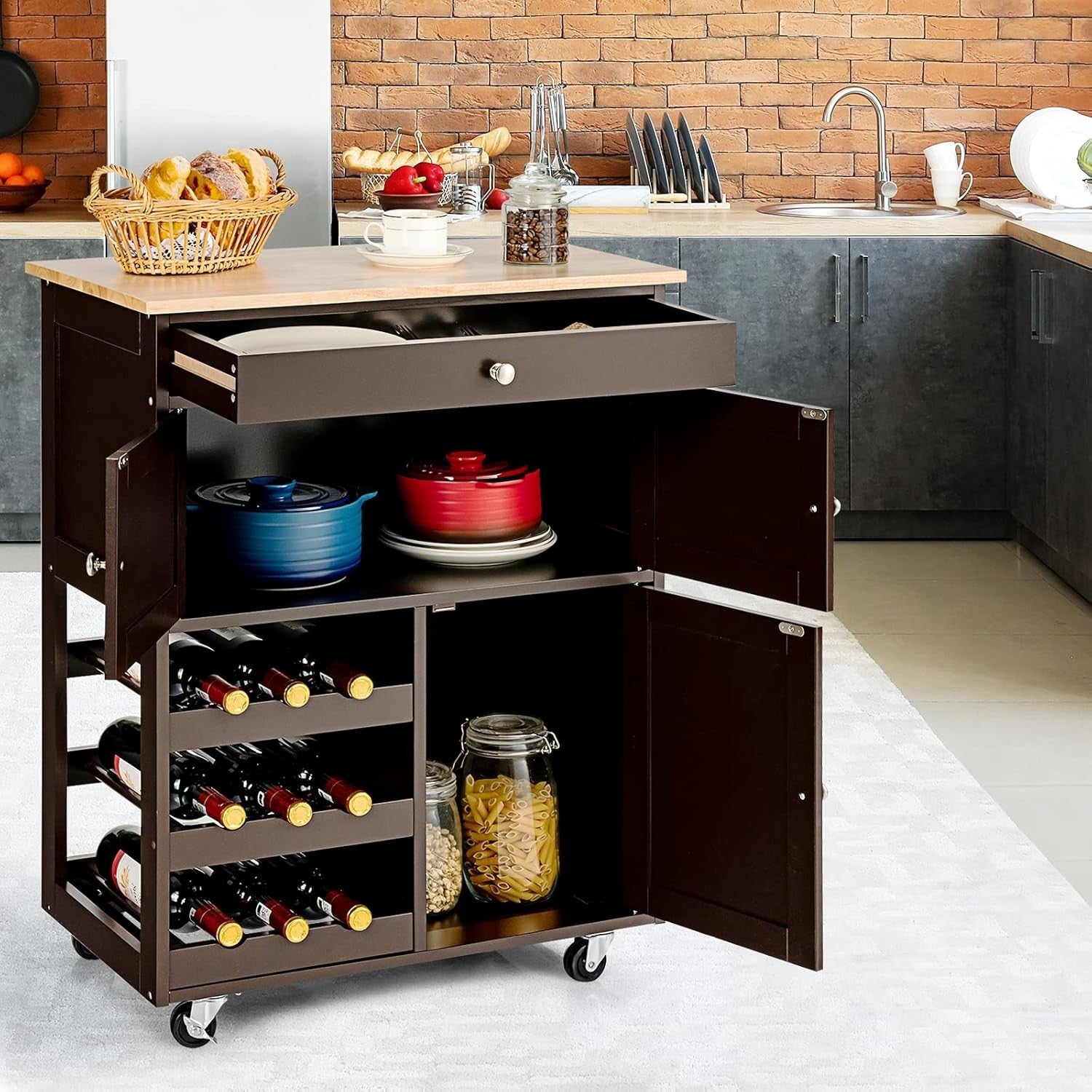 Rolling Kitchen Island Cart Drawer Wine Rack Brown