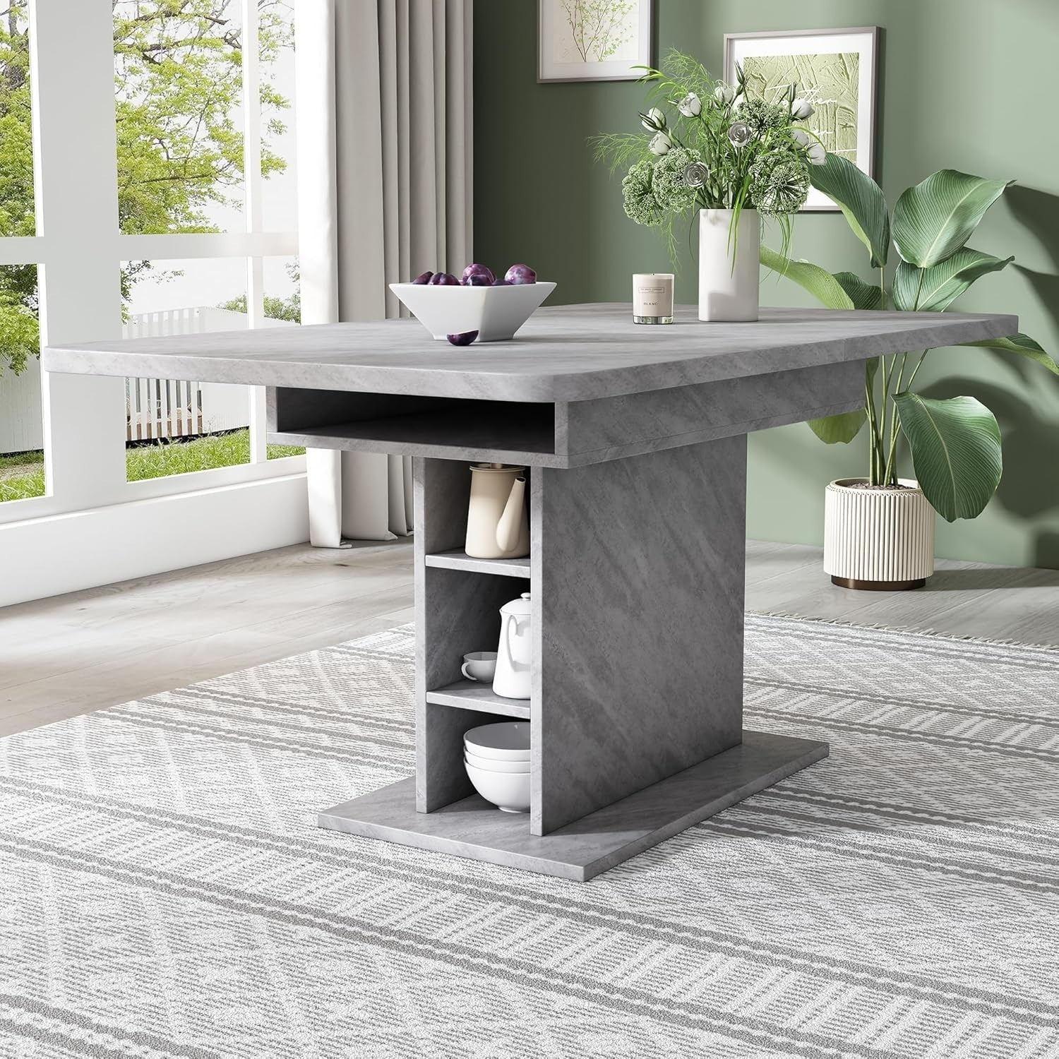 Extendable Grey Dining Table Storage Space-Saving Modern 130cm Desk