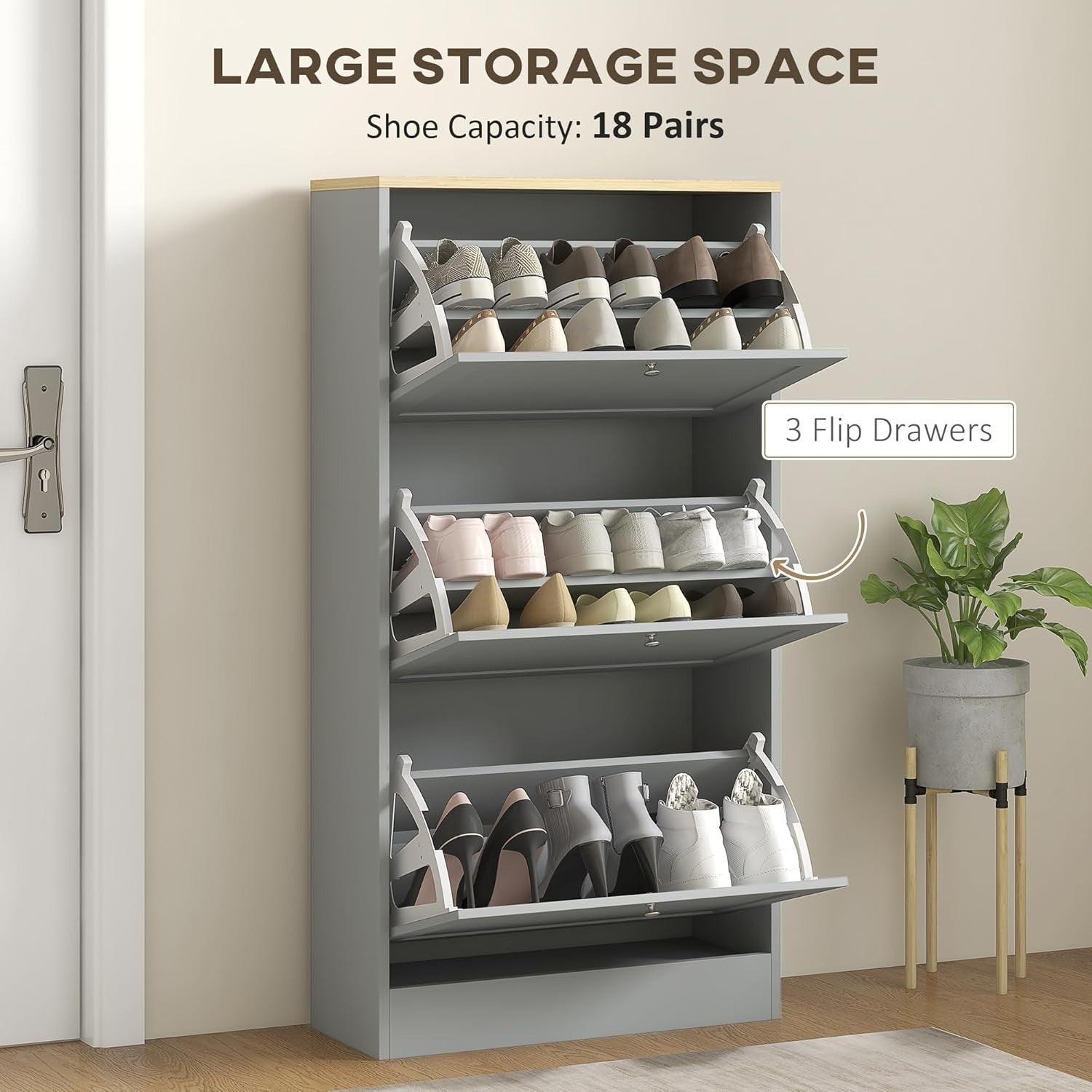 Slim Grey Shoe Cabinet 3 Flip Drawers Adjustable Shelves Space Saver