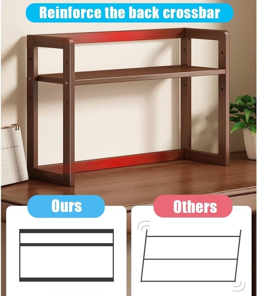 Adjustable Bamboo Desktop Bookshelf 2-Tier Desk Hutch Organizer Rack 62cm