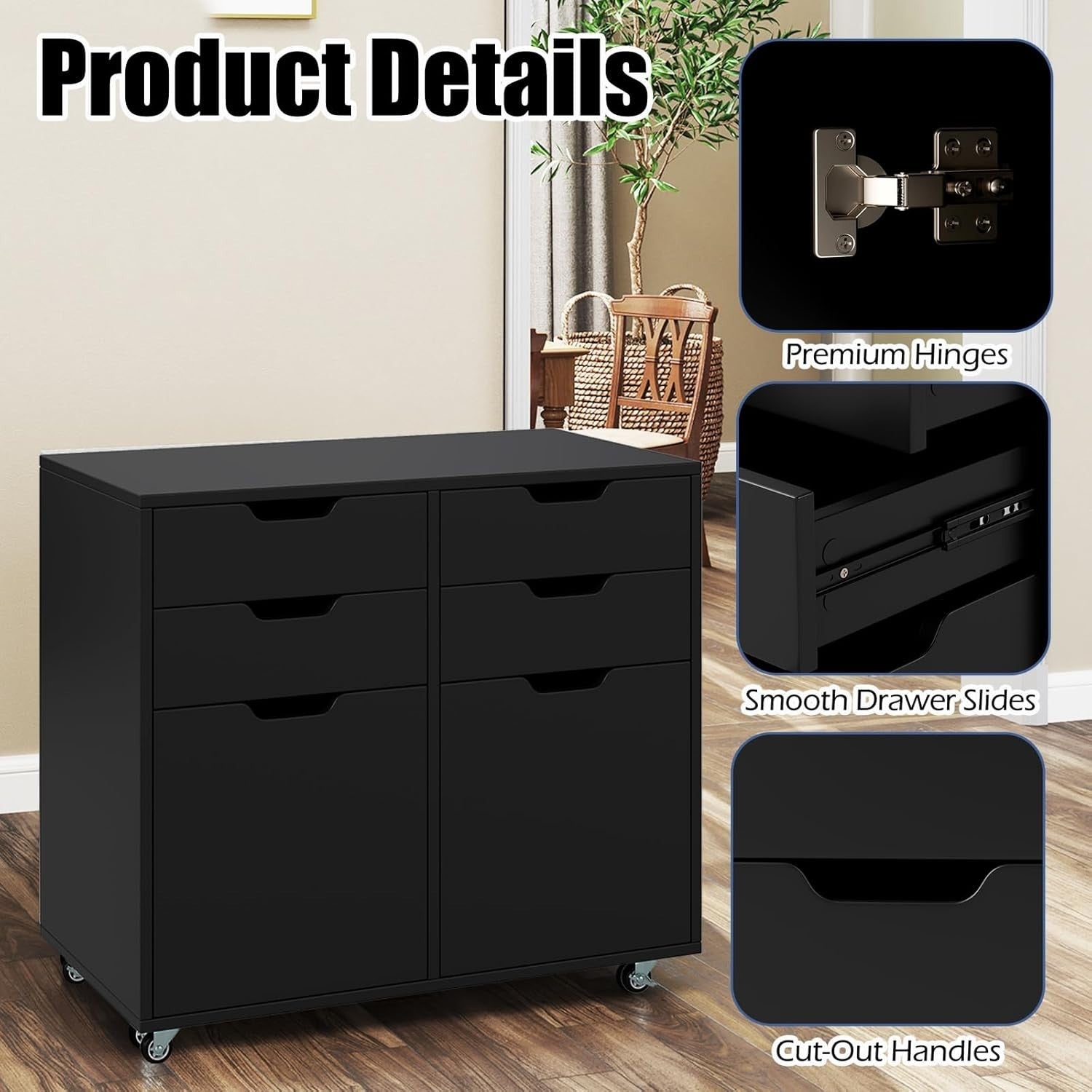 Black Rolling File Cabinet 4 Drawer 2 Door Mobile Printer Stand