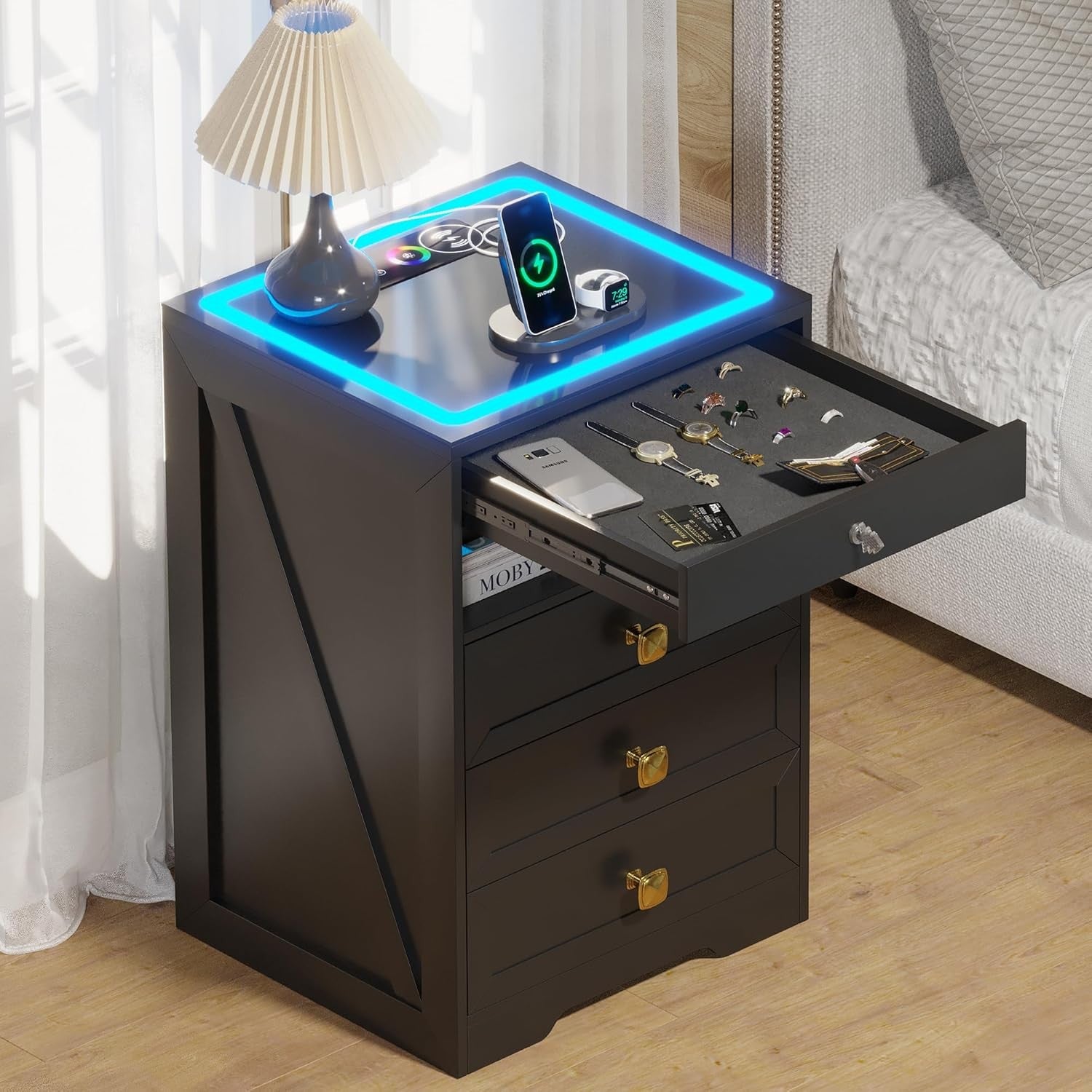 Black LED Bedside Table Wireless Charging, Glass Top & Hidden Drawer