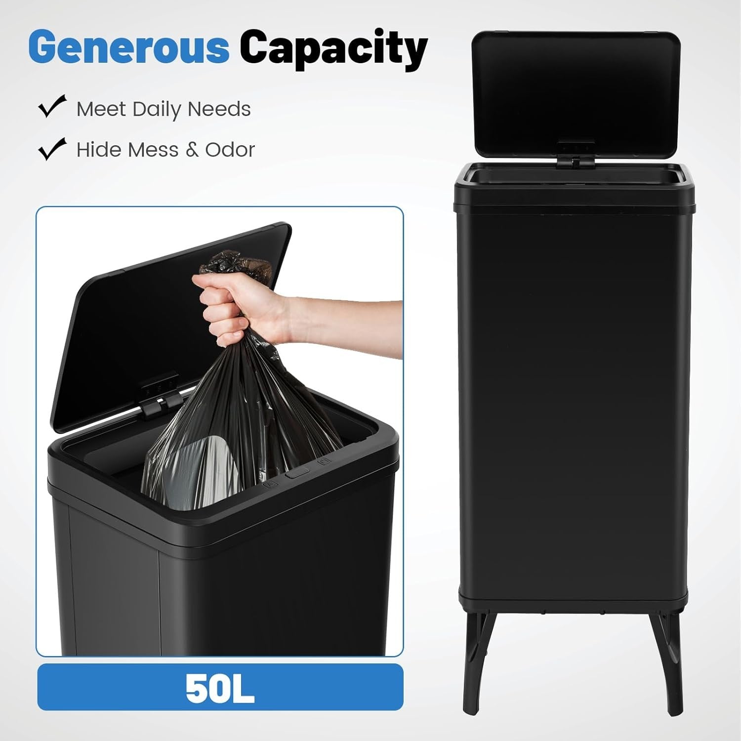 50 L Touchless Kitchen Bin  Automatic Sensor Trash Can Black Steel