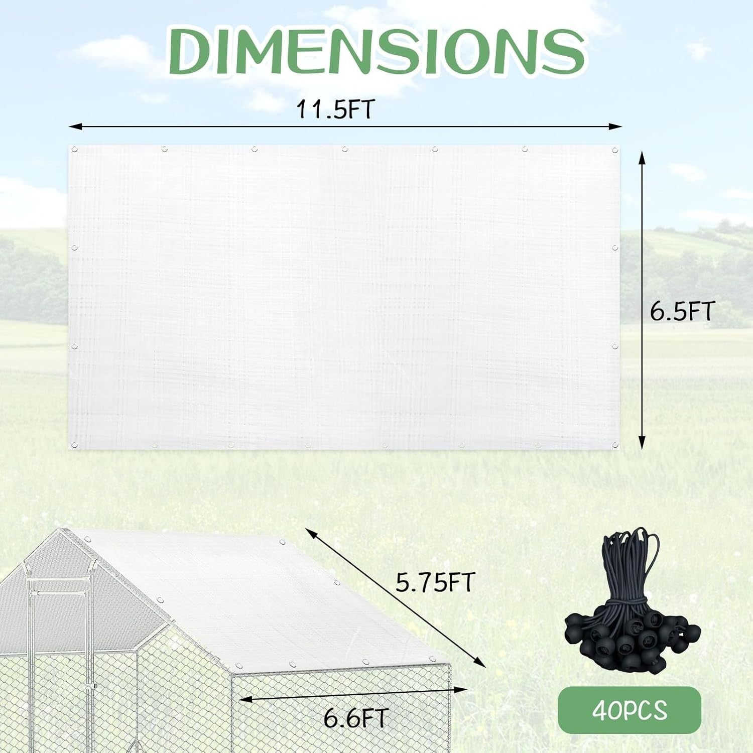 2PCS Chicken Coop Cover 11.5x6.5ft Waterproof UV Tarp Bungee
