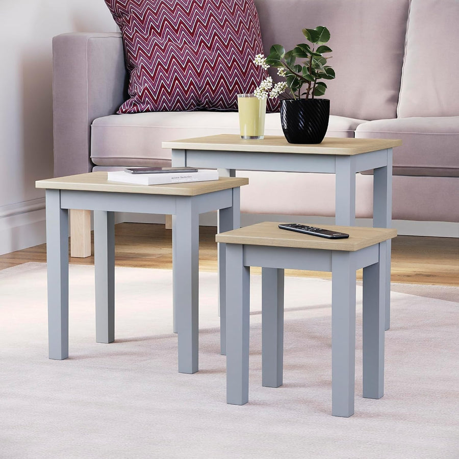 Nest of 3 Modern Coffee Side Tables Oak Grey Wood End Living Room Furniture