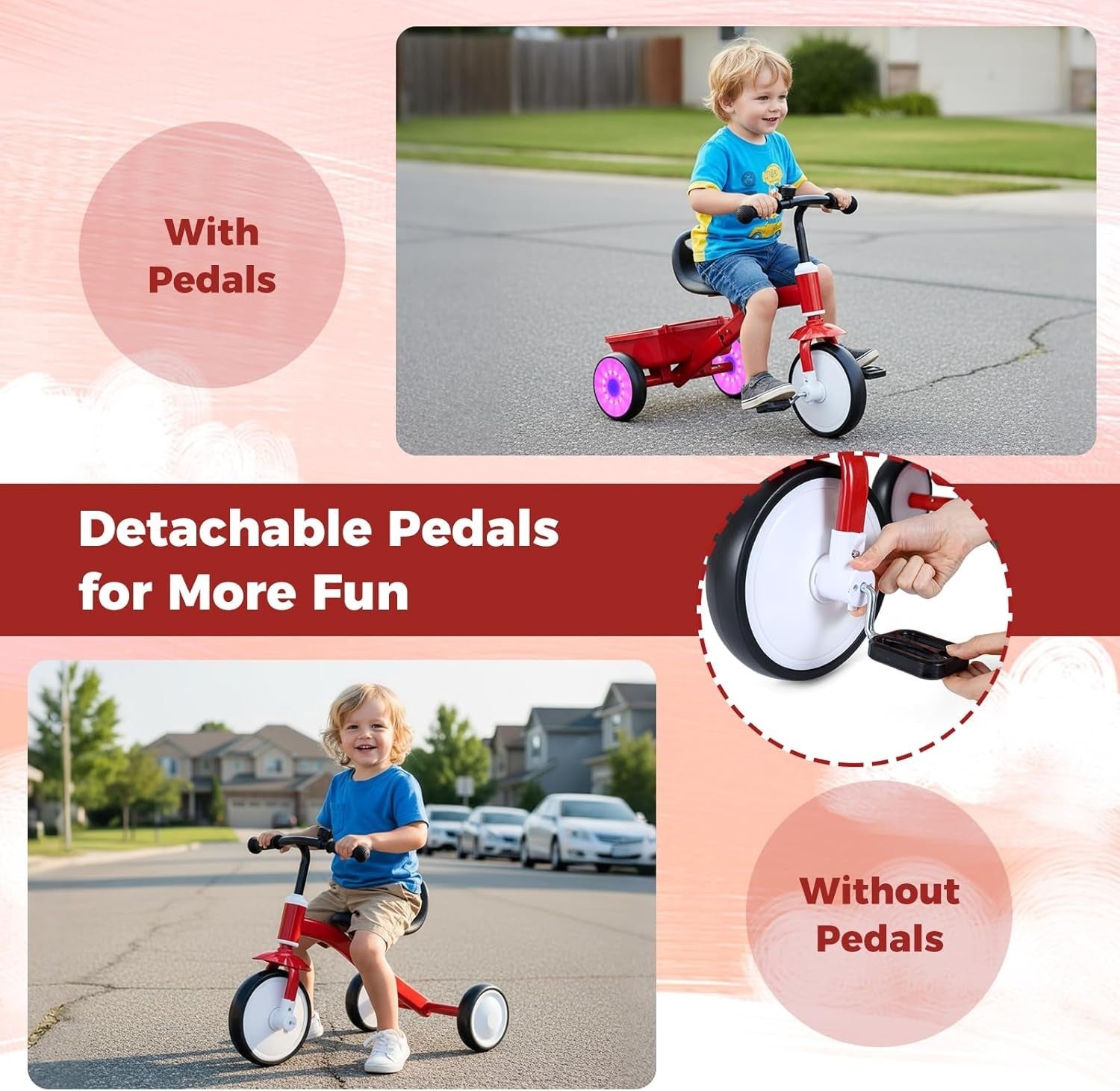 Kids Tricycle Light Up Wheels Adjustable Seat Balance Bike 3-5 Years