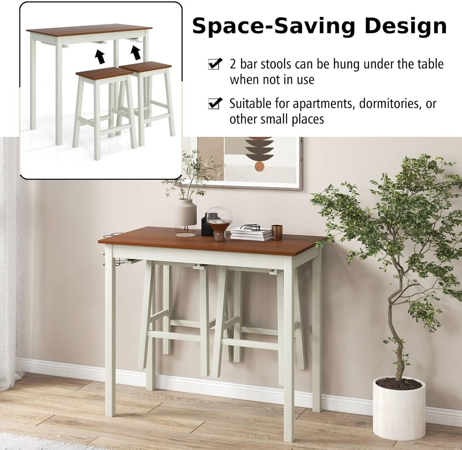 Cream White & Walnut Space-Saving Bar Table Set 2 Stools, Wine Holders, Footrest