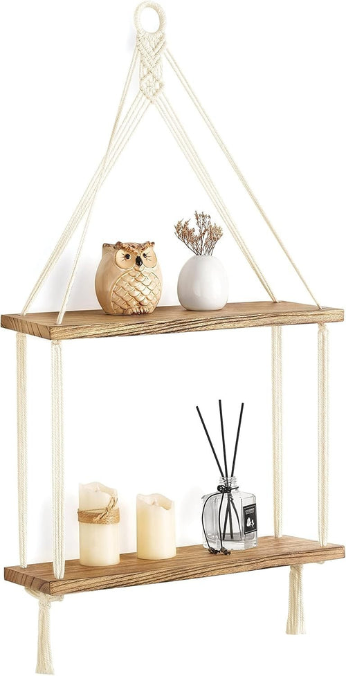 Boho Macrame 2-Tier Hanging Shelf Wood Floating Wall Decor
