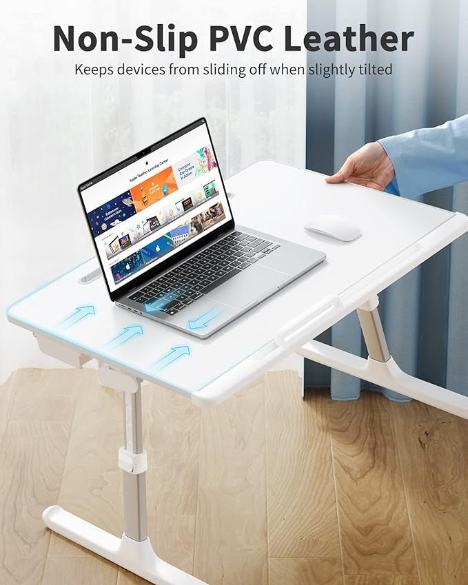 Adjustable Laptop Bed Tray Desk XL with Drawer Book Stand Foldable White