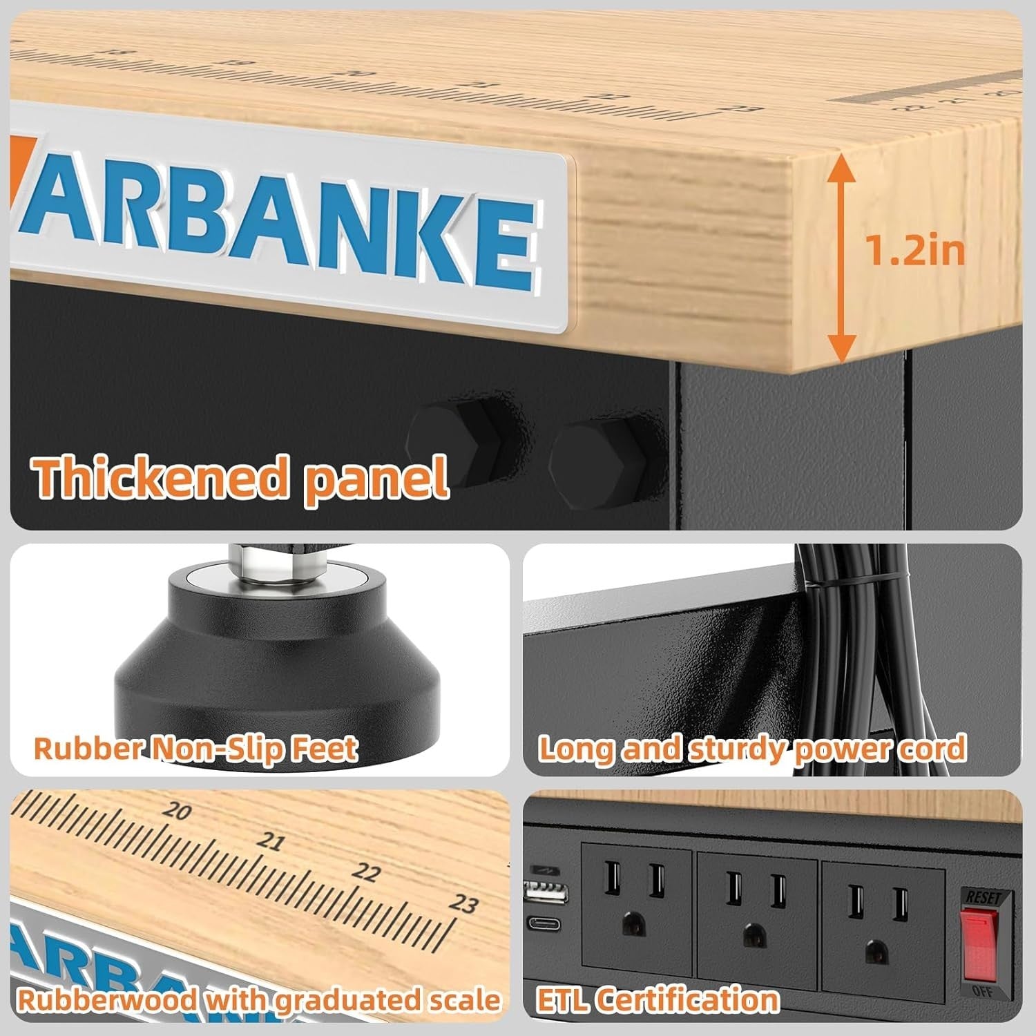 120cm Adjustable Workbench 900kg Heavy Duty Rubberwood Table with Power Panel