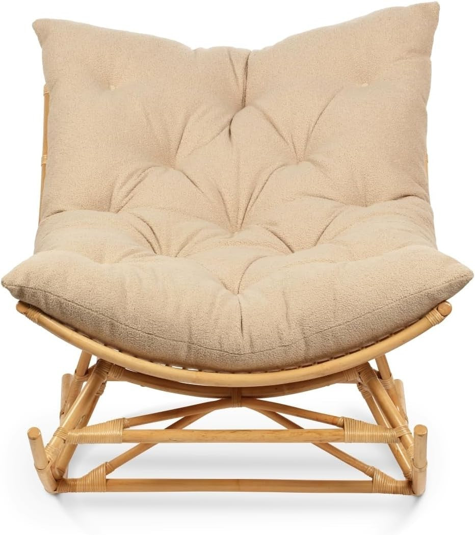 Rocking Papasan Chair Indoor Rattan Moon Chair with Cushion Adjustable Base