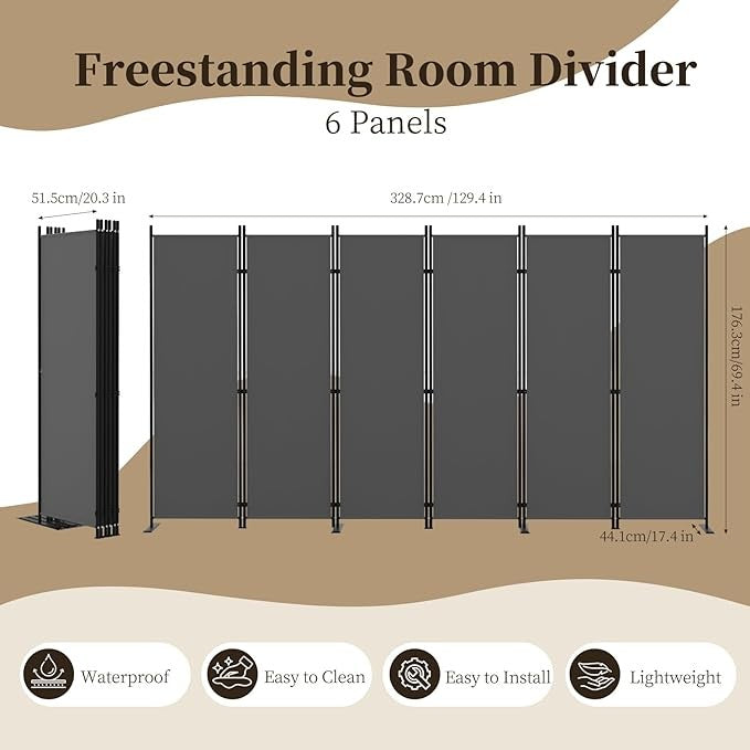 6-Panel Folding Room Divider 5.8ft Medium Grey Privacy Screen Partition Wall