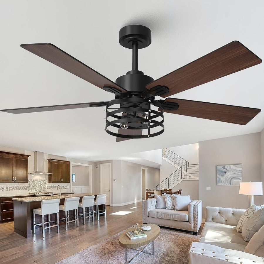 Vaczon 52" Farmhouse Ceiling Fan with Light, Black, 6-Speed, Remote, LED