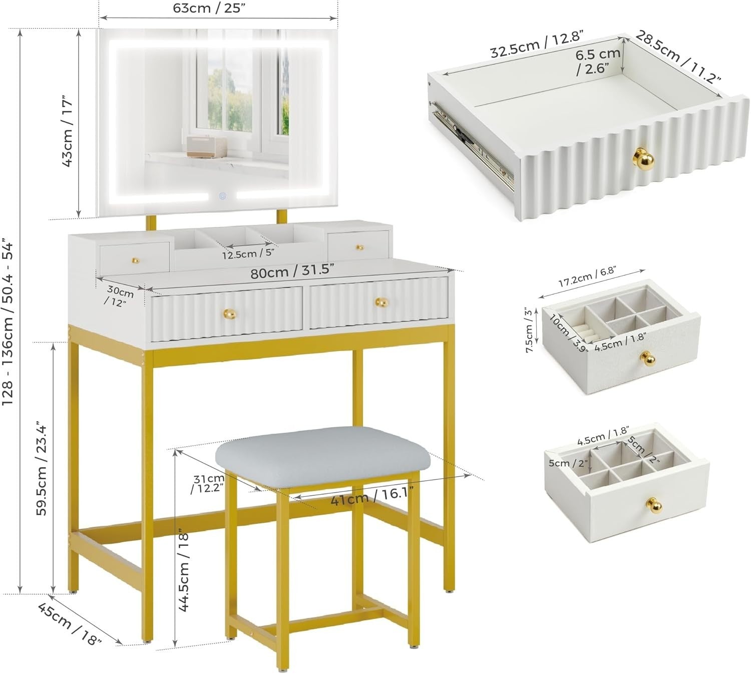 White Gold Makeup Vanity Table Set 4 Drawer LED Mirror Dresser Storage Desk