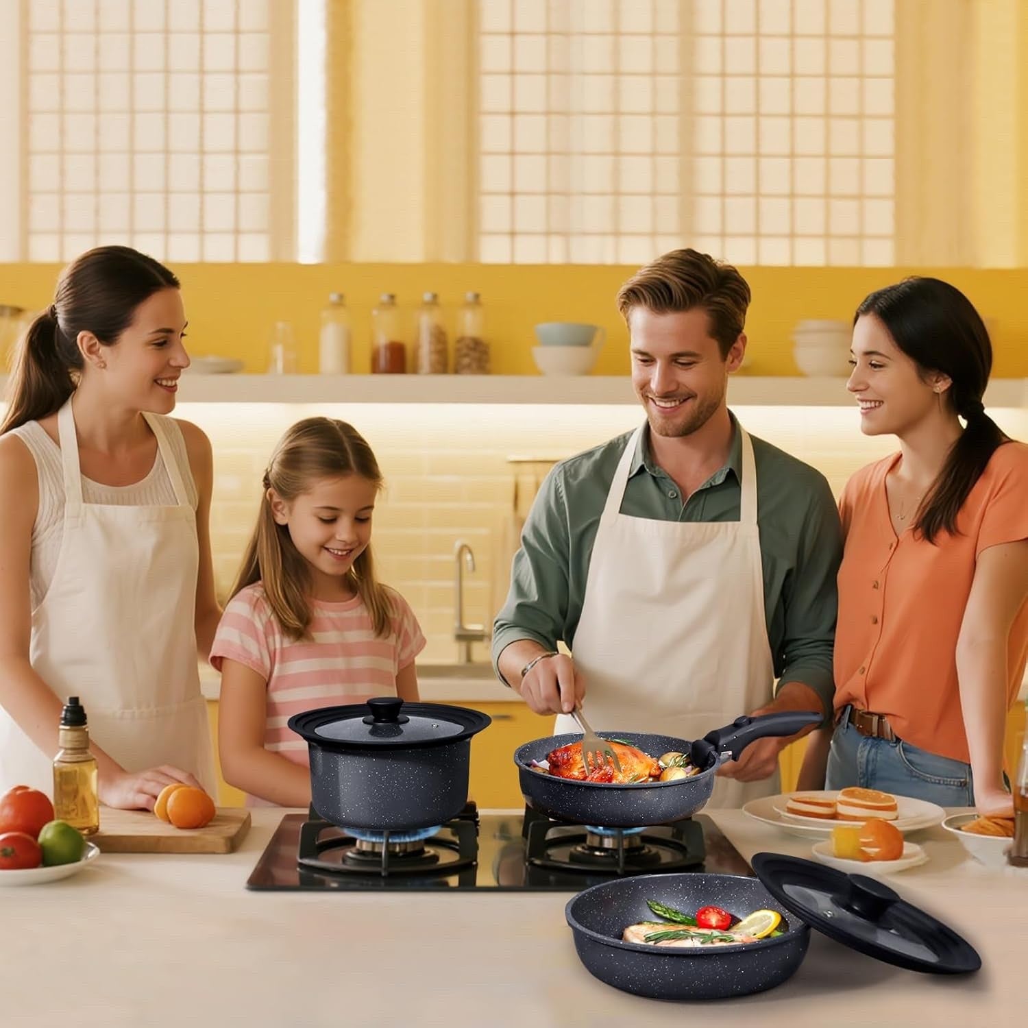 8pcs Grey Plus Ceramic Non Stick Induction Cookware Set with Detachable Handle