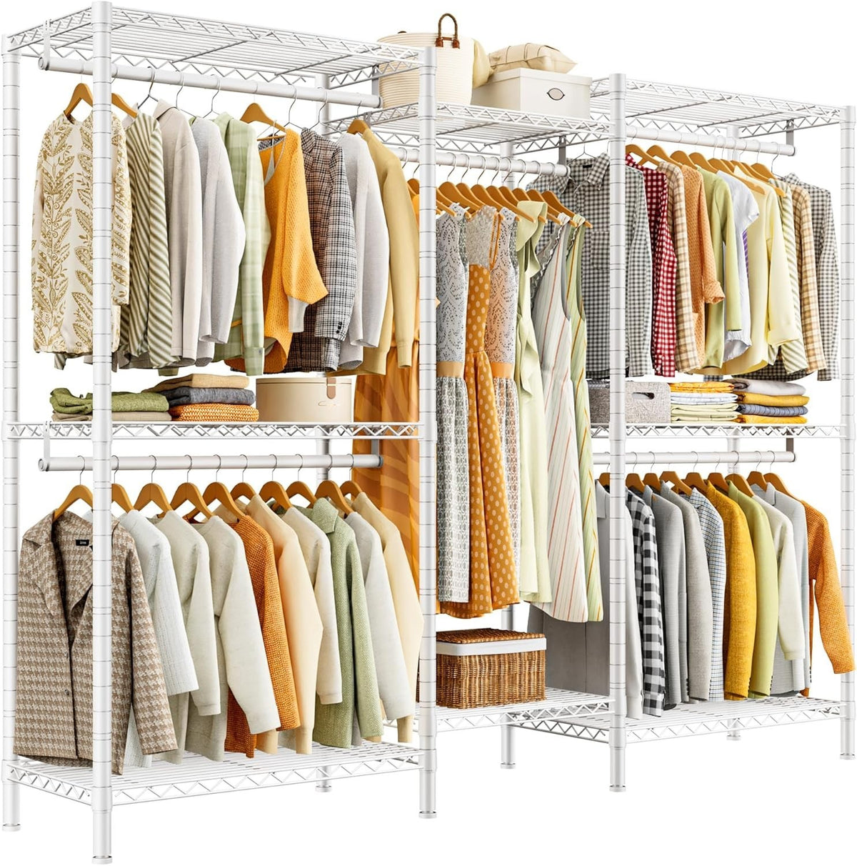 Heavy Duty Open Wardrobe White Metal Clothes Rail with Shelves 195cm