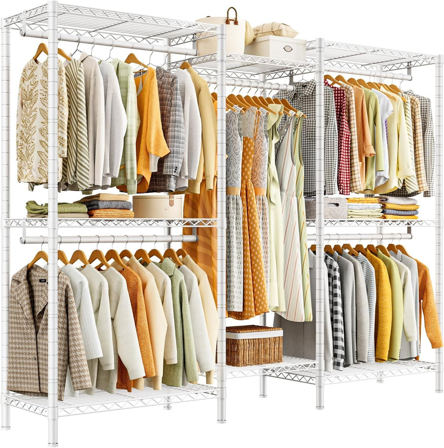 Heavy Duty Open Wardrobe White Metal Clothes Rail with Shelves 195cm