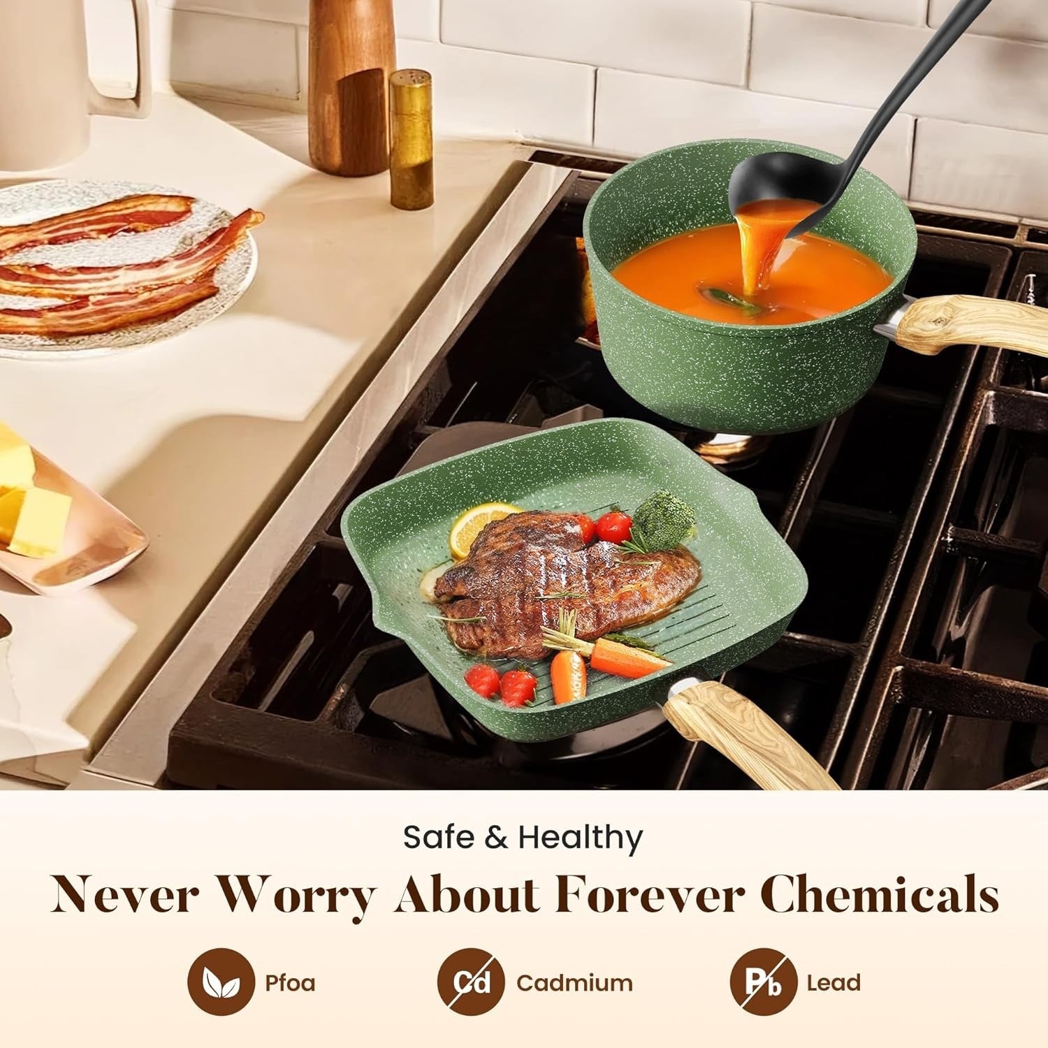 17pcs Green Granite Induction Cookware Set Non Stick Pots & Pans Oven Safe