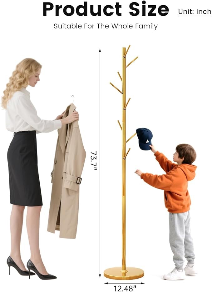 Gold Metal Coat Rack Stand with 8 Hooks | Modern Tree Branch Freestanding