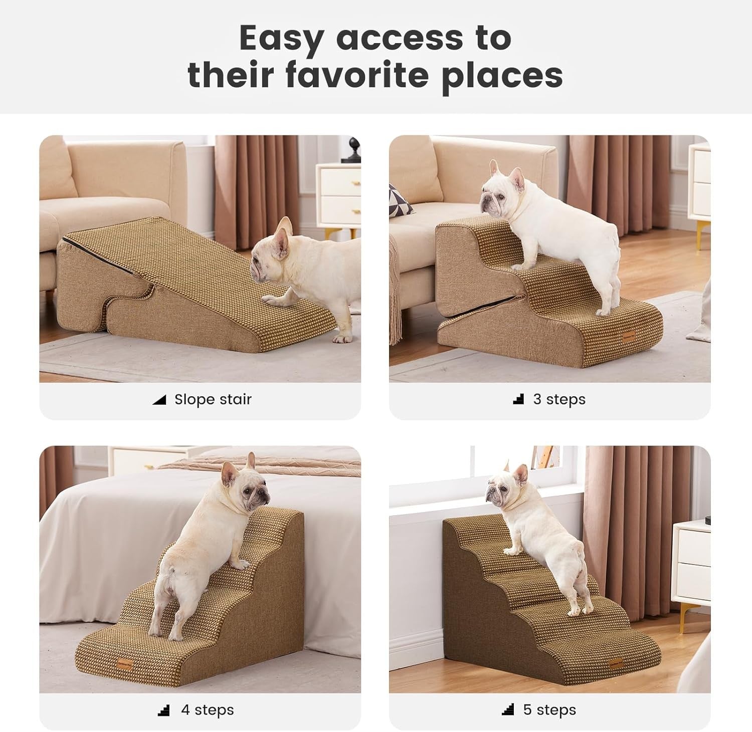 Adjustable 3 Step Dog Stairs Pet Ramp Non Slip Washable Brown