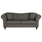 3 Seater Grey Chesterfield Sofa Deep Button Tufted Scroll Arm Fabric