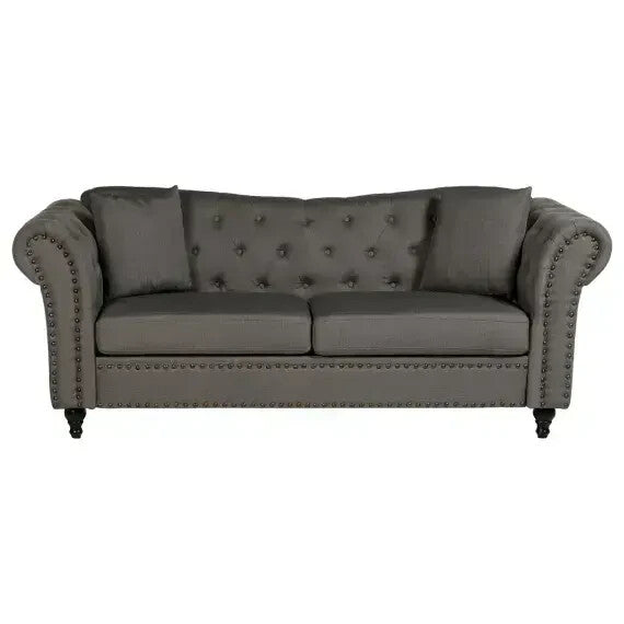 3 Seater Grey Chesterfield Sofa Deep Button Tufted Scroll Arm Fabric