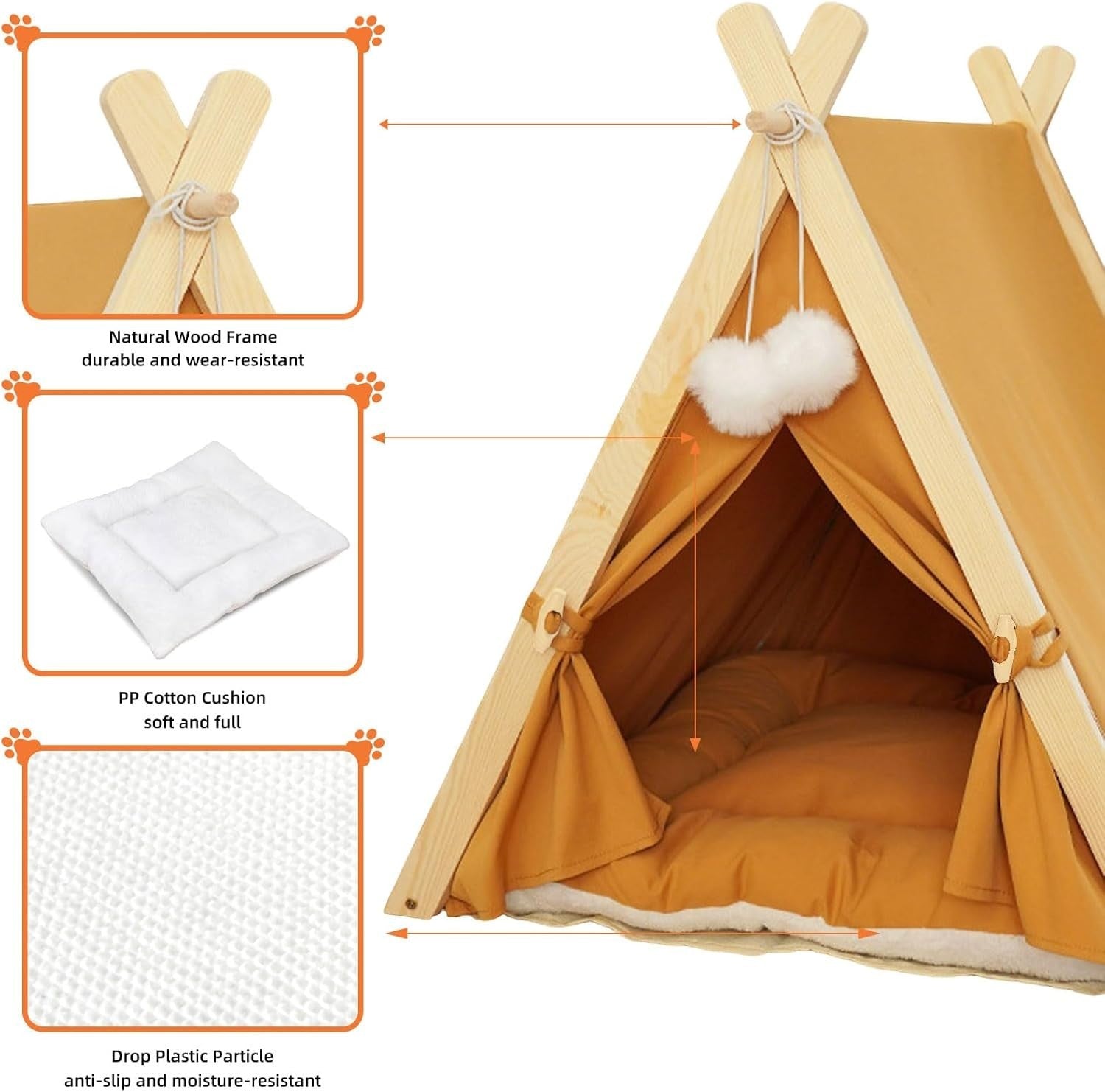 Wooden Pet Teepee Tent Cat Dog House w Cushion Indoor Shelter Yellow
