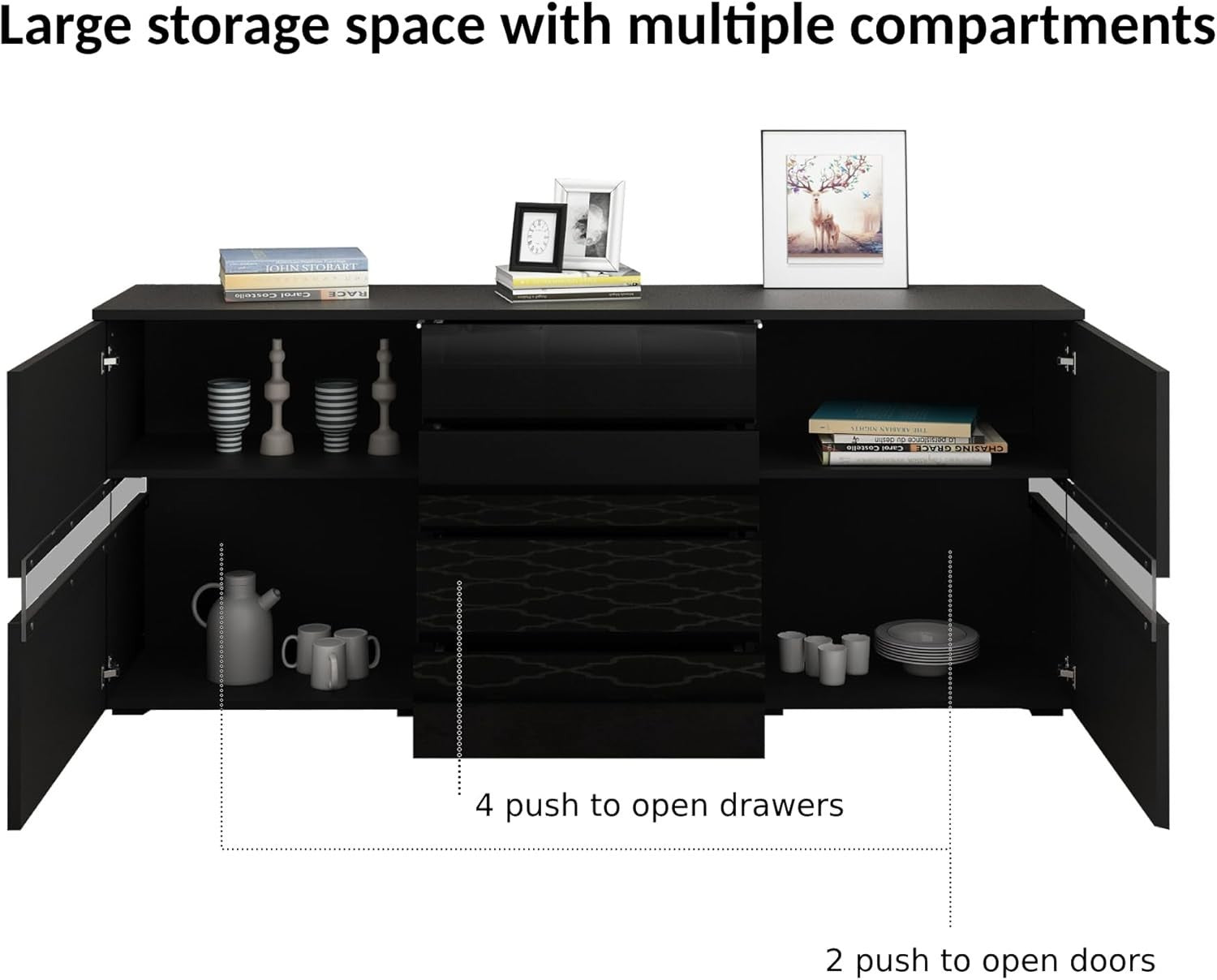 Black LED Sideboard Cabinet High Gloss 2 Door 4 Drawer Storage Unit