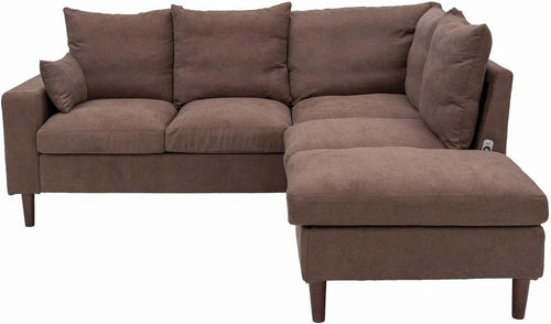 5 Seater L-Shape Linen Corner Sofa with Dual USB Ports & Solid Wood Legs