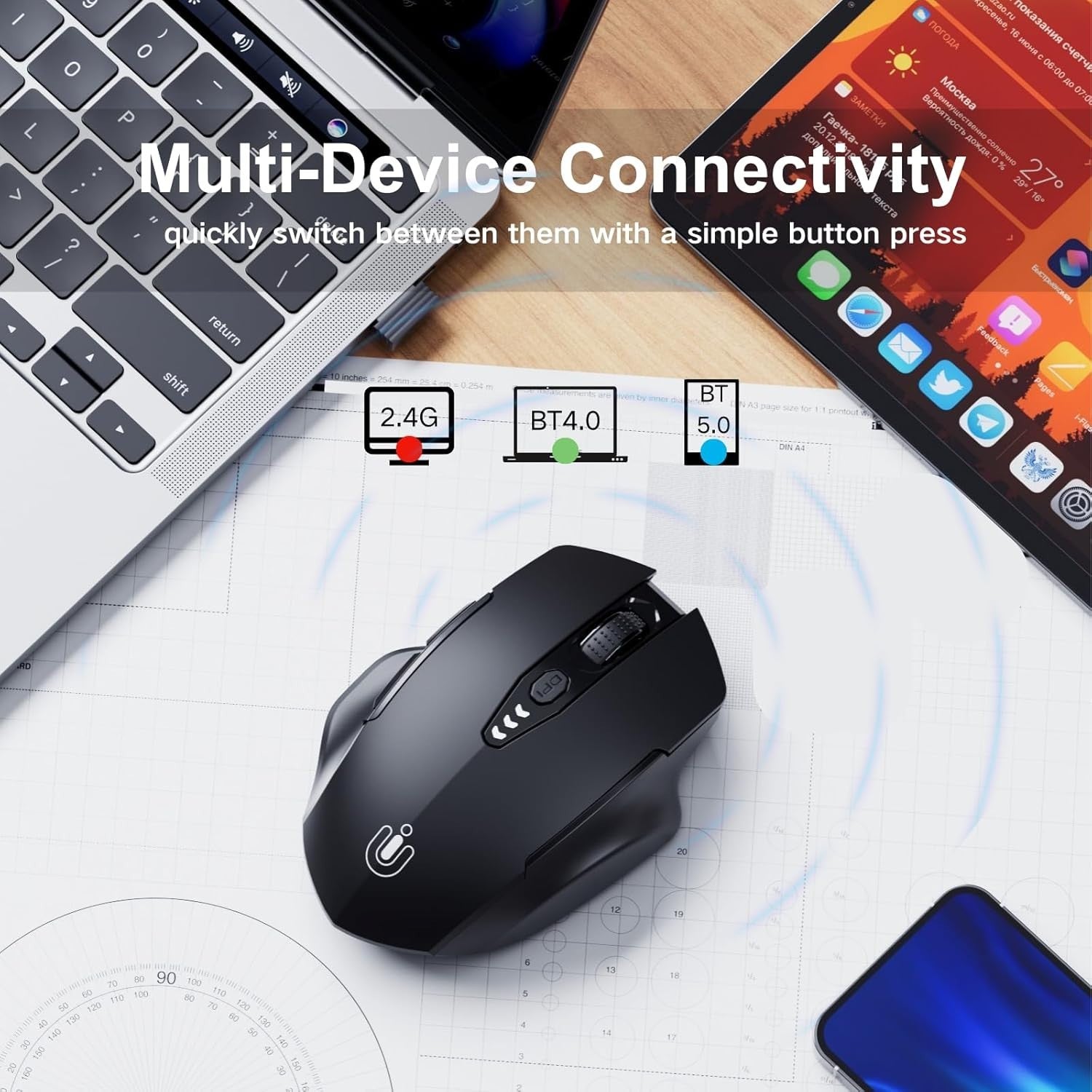 Tri-Mode Bluetooth Wireless Mouse Rechargeable Silent Ergonomic Multi-Device PC