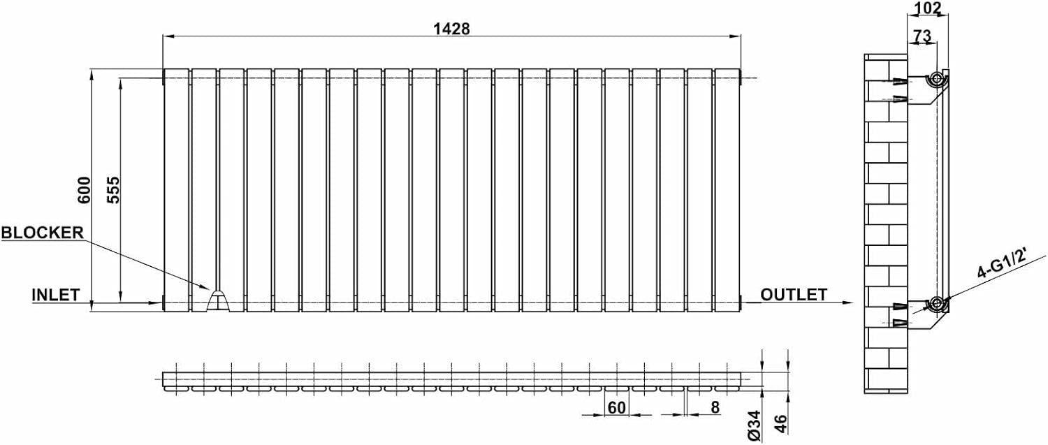 Horizontal Flat Panel Radiator 600x1428mm White Modern Heating