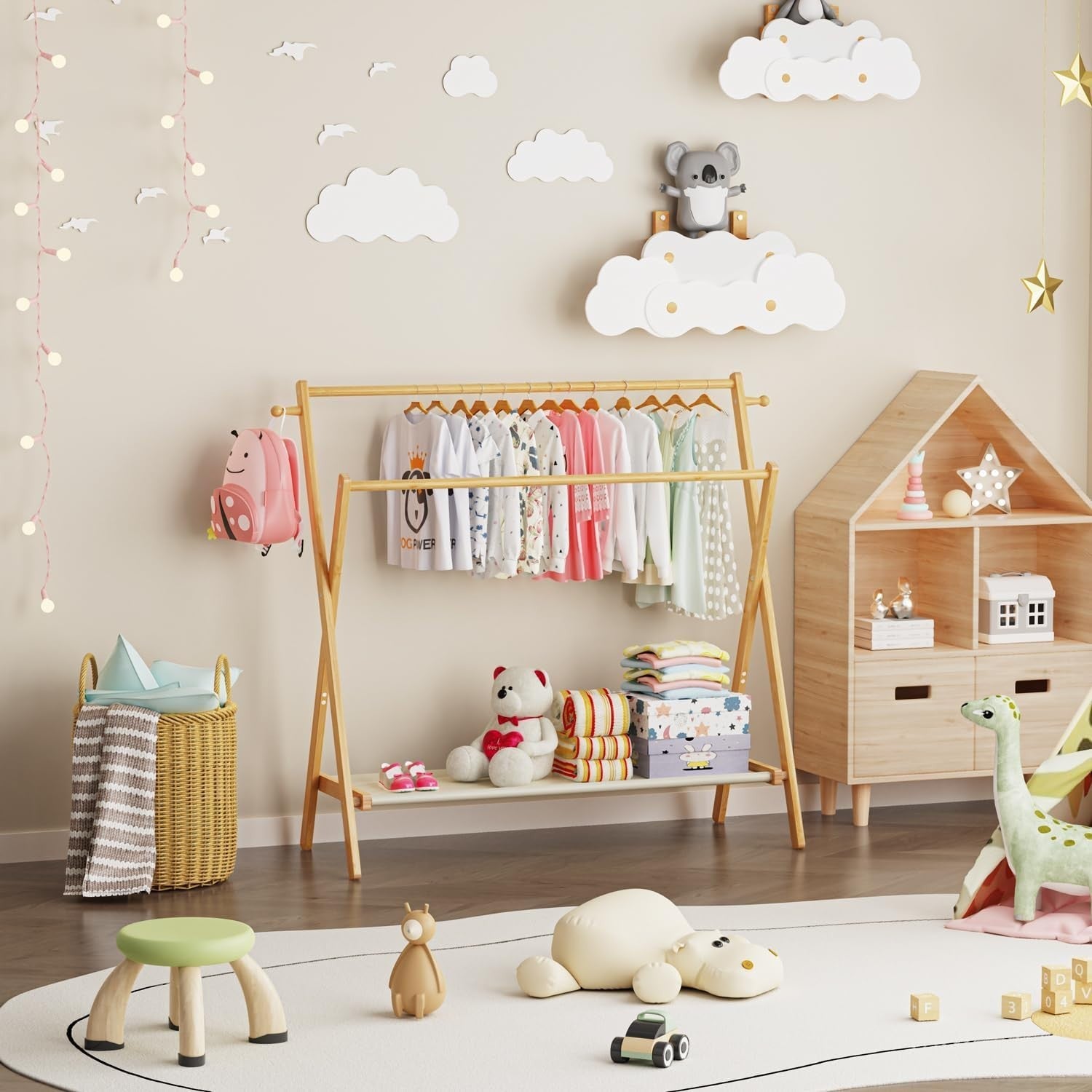 Large Bamboo Kids Clothing Rack Foldable Dress Up Rail with Shelf