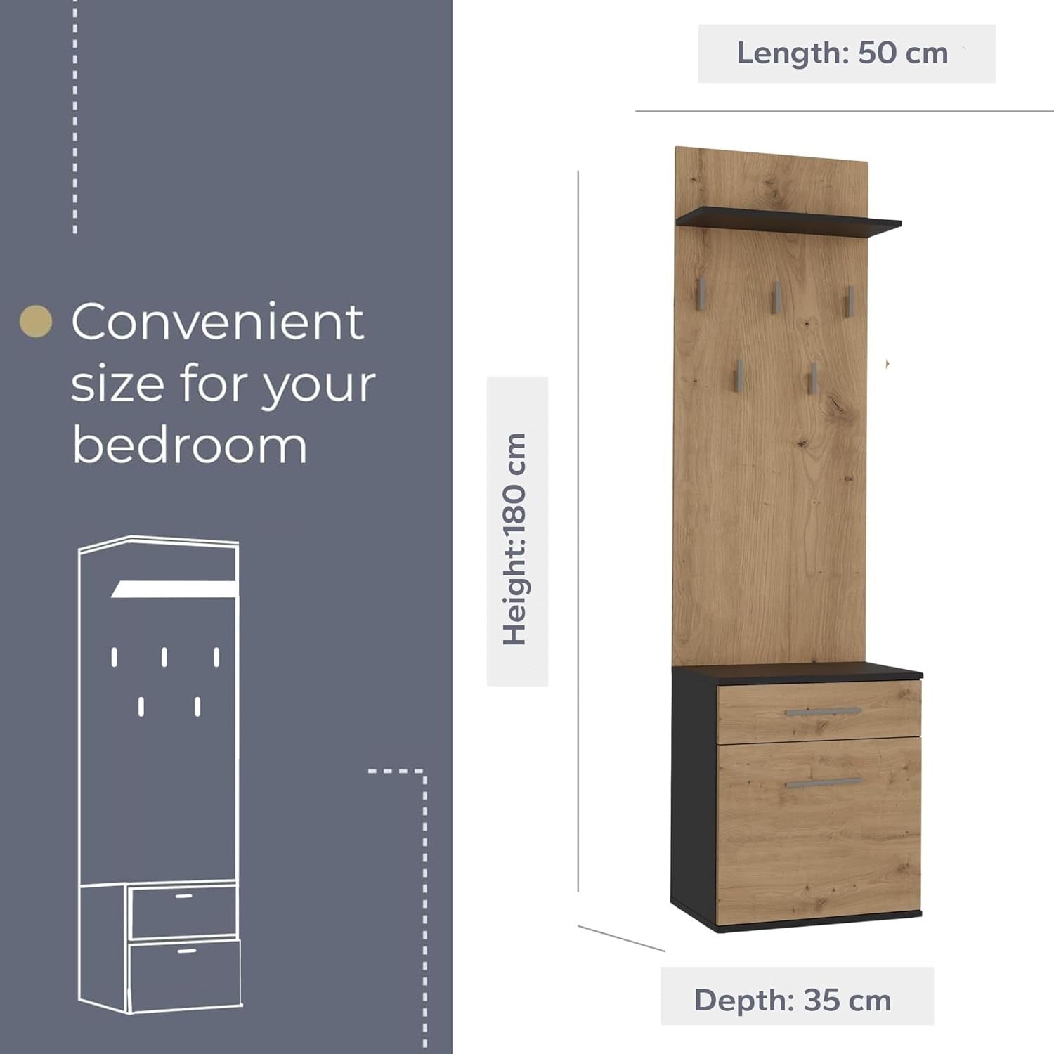 Modern Double Wardrobe with Drawers, Hooks & Shoe Storage 180x50x35cm