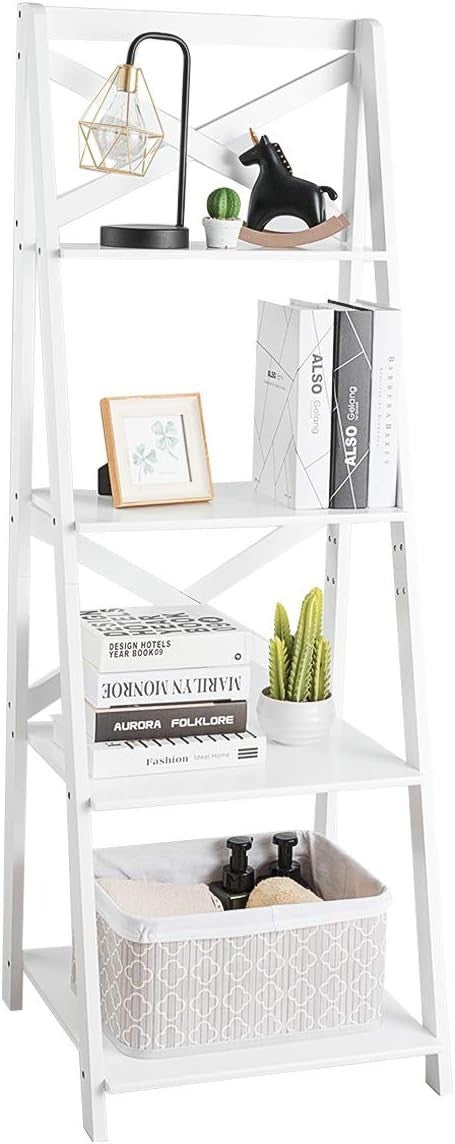 4 Tier Ladder Shelf Bookcase Leaning Display Storage Unit White